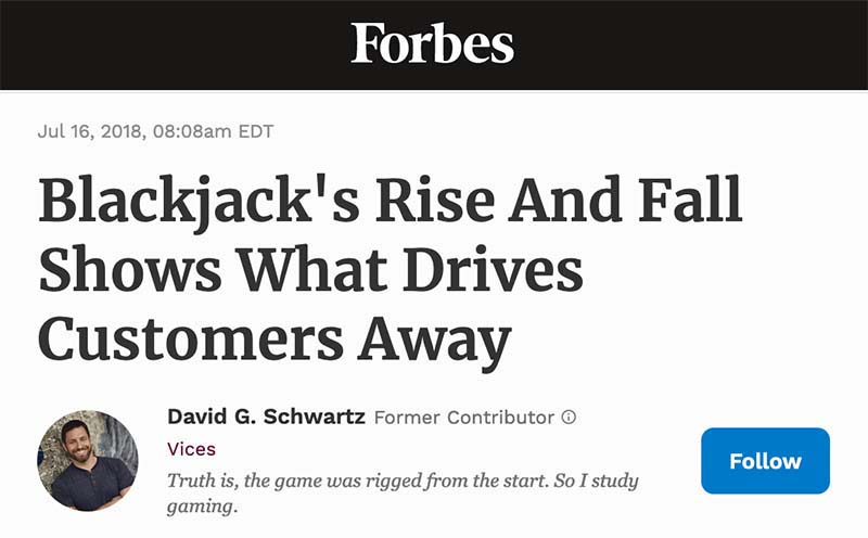 Forbes blames Blackjack's decline in popularity primarily on the 6-to-5 payout.
