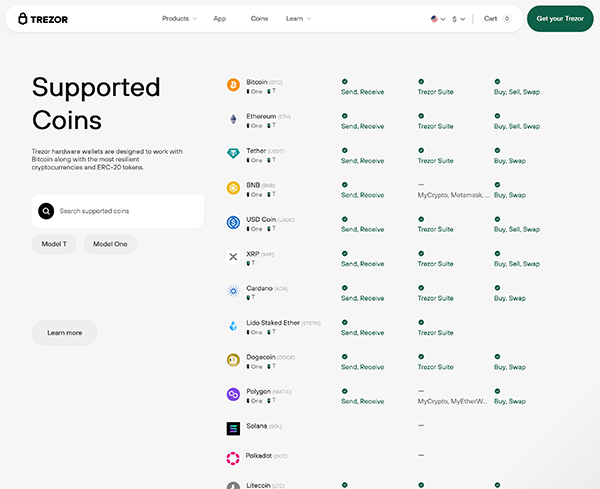Trezor has support for over 70 coins and tokens